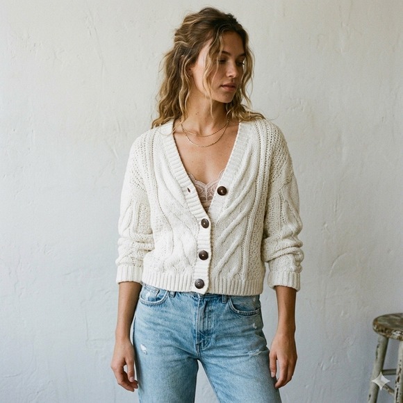 Free People Sweaters - Free People Bonfire Cable Knit Cardigan Sweater Womens Medium Cream Boho Cotton
